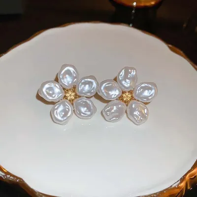 Baroque Bead Petal Flower Stud Earrings 